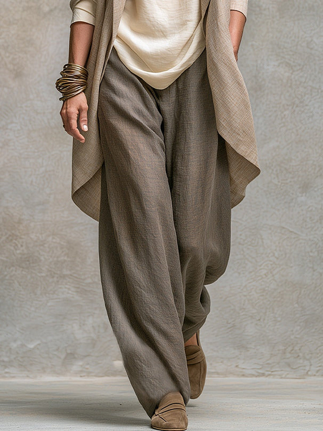 Flaminia | Conjunto Completo de Tres Piezas con Pantalón Palazzo, Beige y Gris