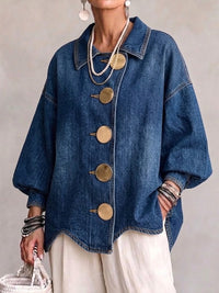 Luciana | Chaqueta de Jean Oversize con Maxi Botones Dorados y Dobladillo Ondulado, Azul