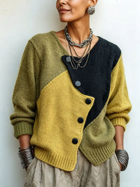Mirella | Cárdigan Oversize Color-Block en Tejido, Verde Oliva y Mostaza