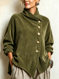 Lucilla | Blusa de Terciopelo Canelado con Cuello Alto y Botonadura Diagonal, Verde Oliva